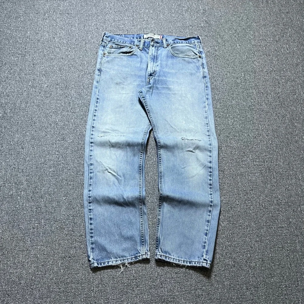 Levi's 505 Straight Fit Jeans 34x30 Light Wash Blue Distressed Denim Mens